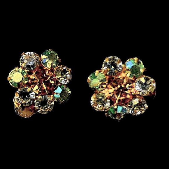 Vintage Aurora Borealis Rhinestone Earrings / Clip-on - Picture 2 of 6